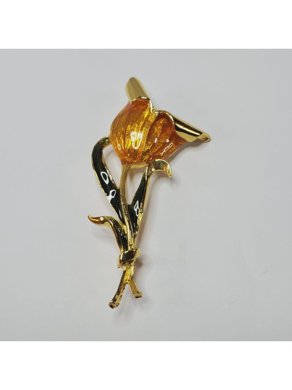 Vintage Gold & Orange Enamel Tulip Flower Brooch Pin 3 inches